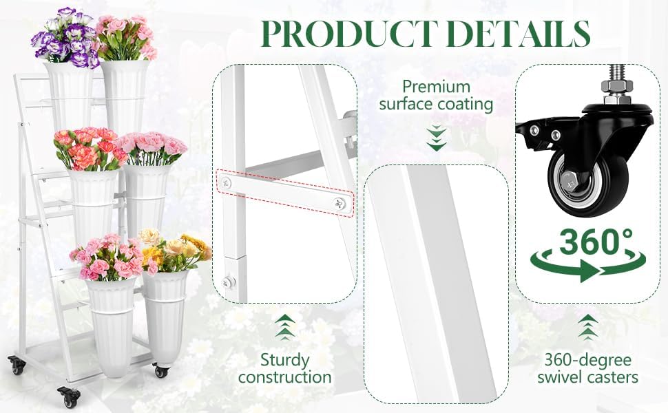 White Wheeled Six Bucket Florist Flower Cart