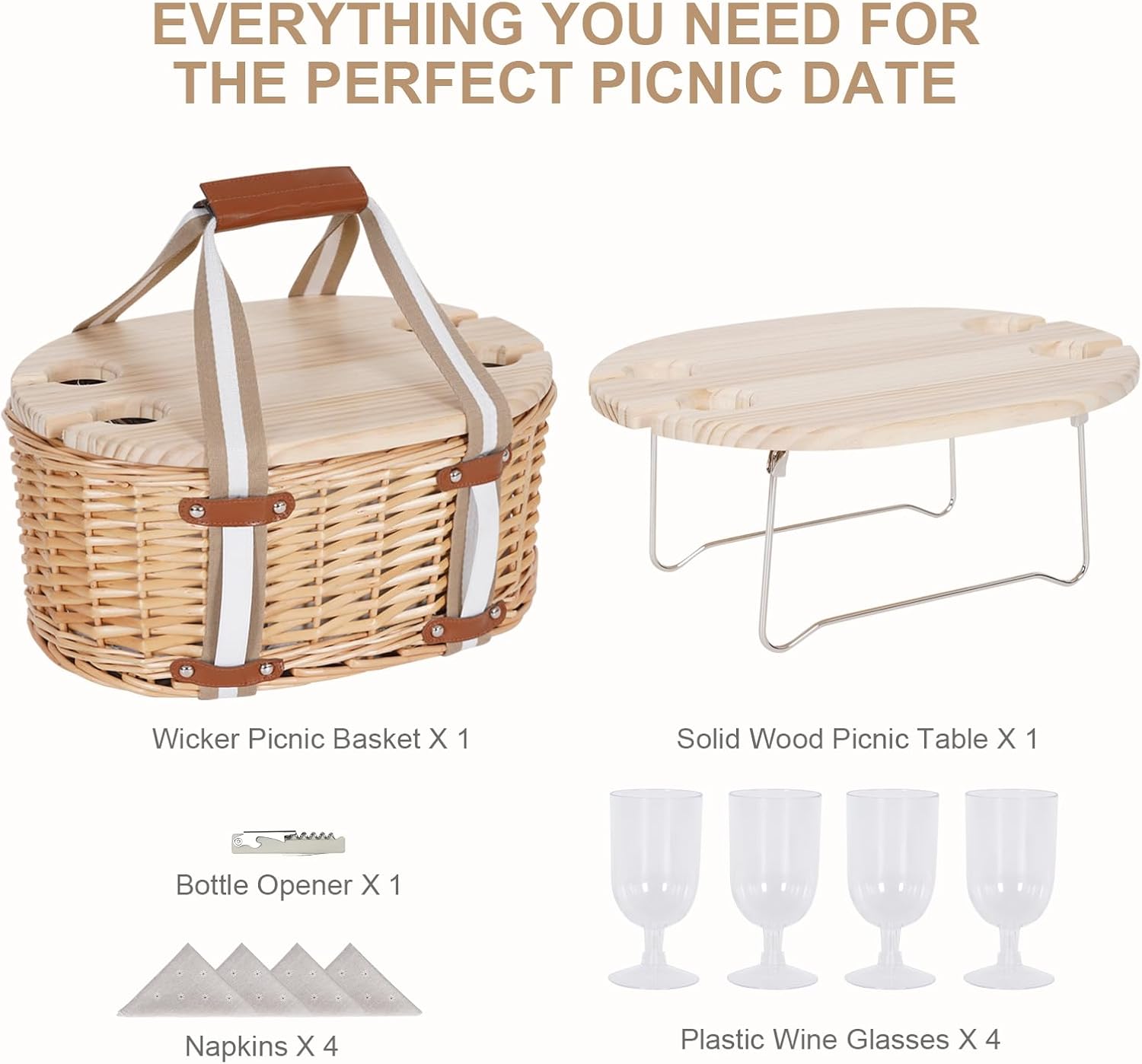 Four Person White Floral Wicker Picnic Set
