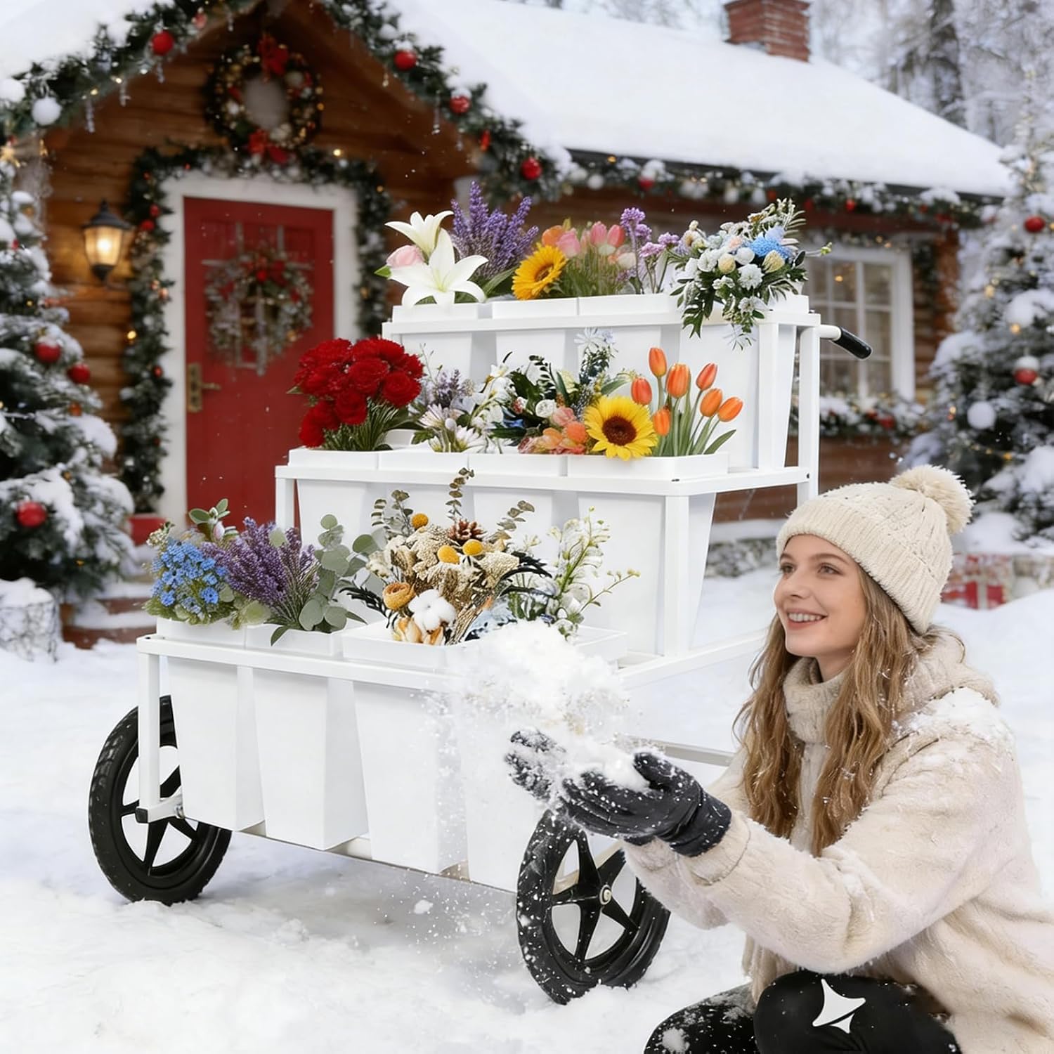 White Wheeled Twelve Bucket Metal Flower Cart