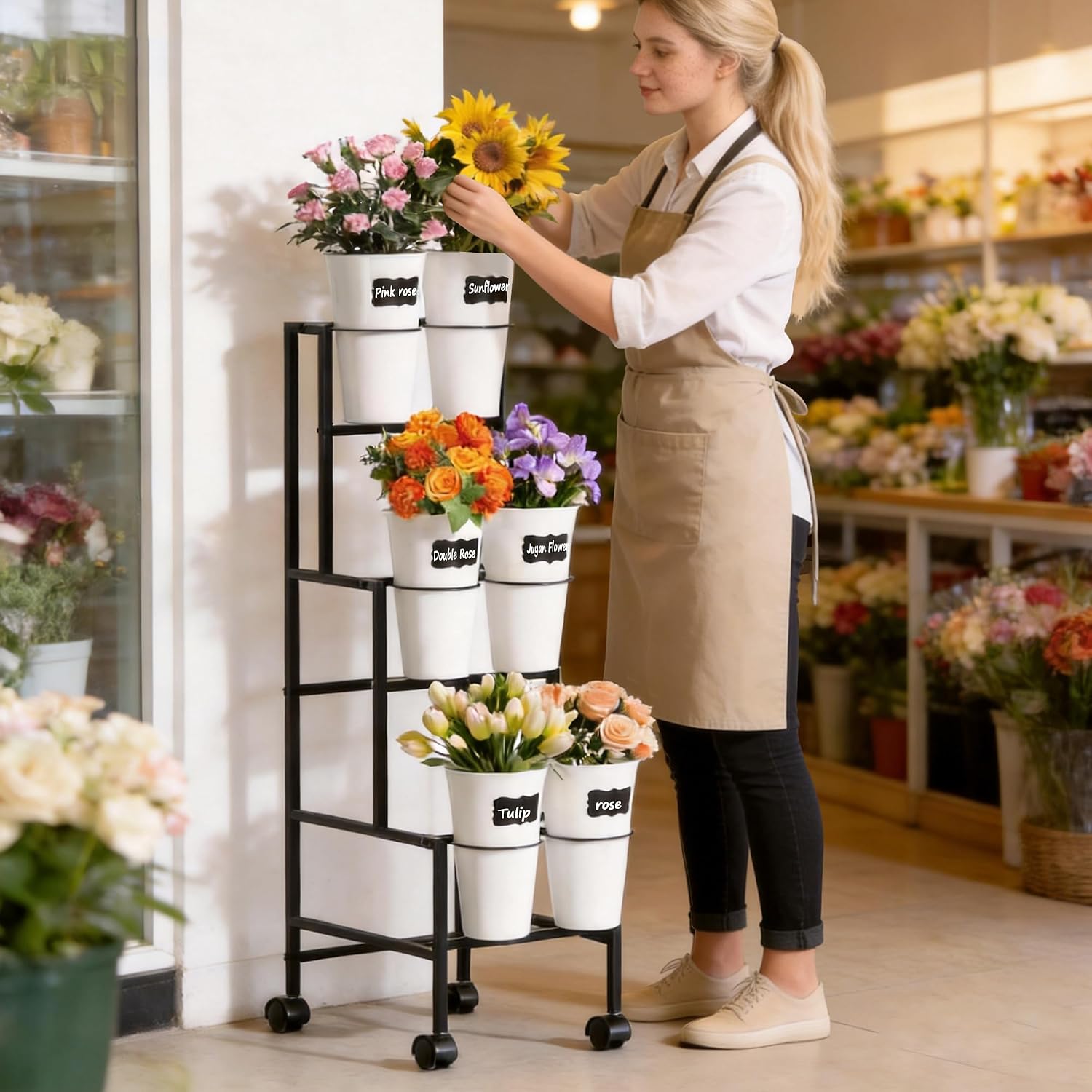 Black 3-Tier Wheeled Six Bucket Flower Cart