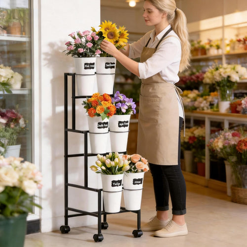 Black 3-Tier Wheeled Six Bucket Flower Cart