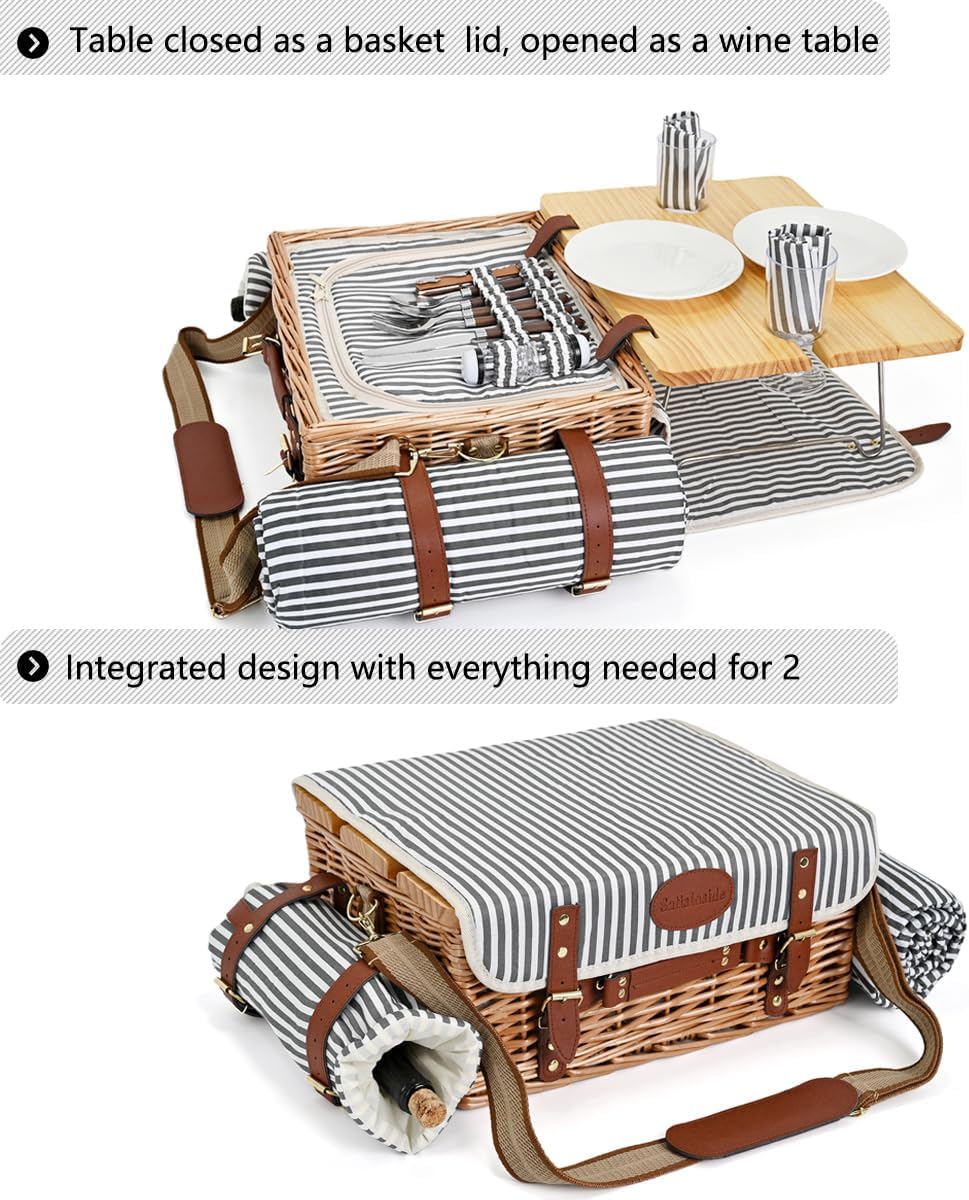 Two Person Striped Wicker Picnic Basket Set