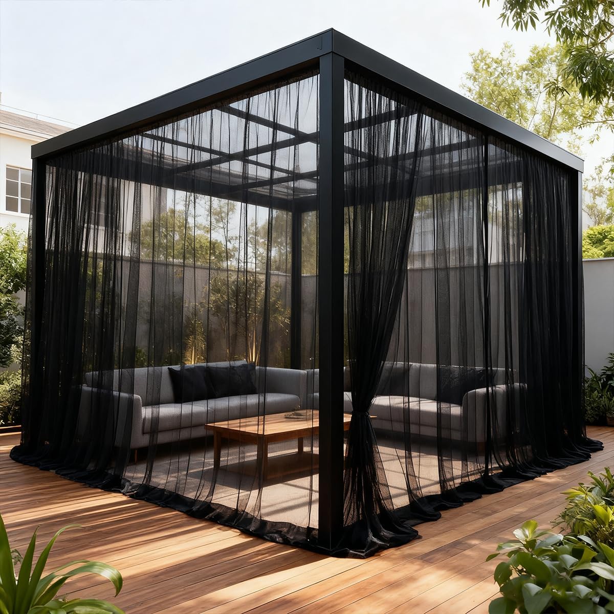 Two Panel Black Waterproof Wide Mesh Outdoor Curtains