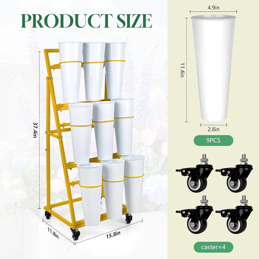 Gold Wheeled Nine Bucket Florist Flower Cart
