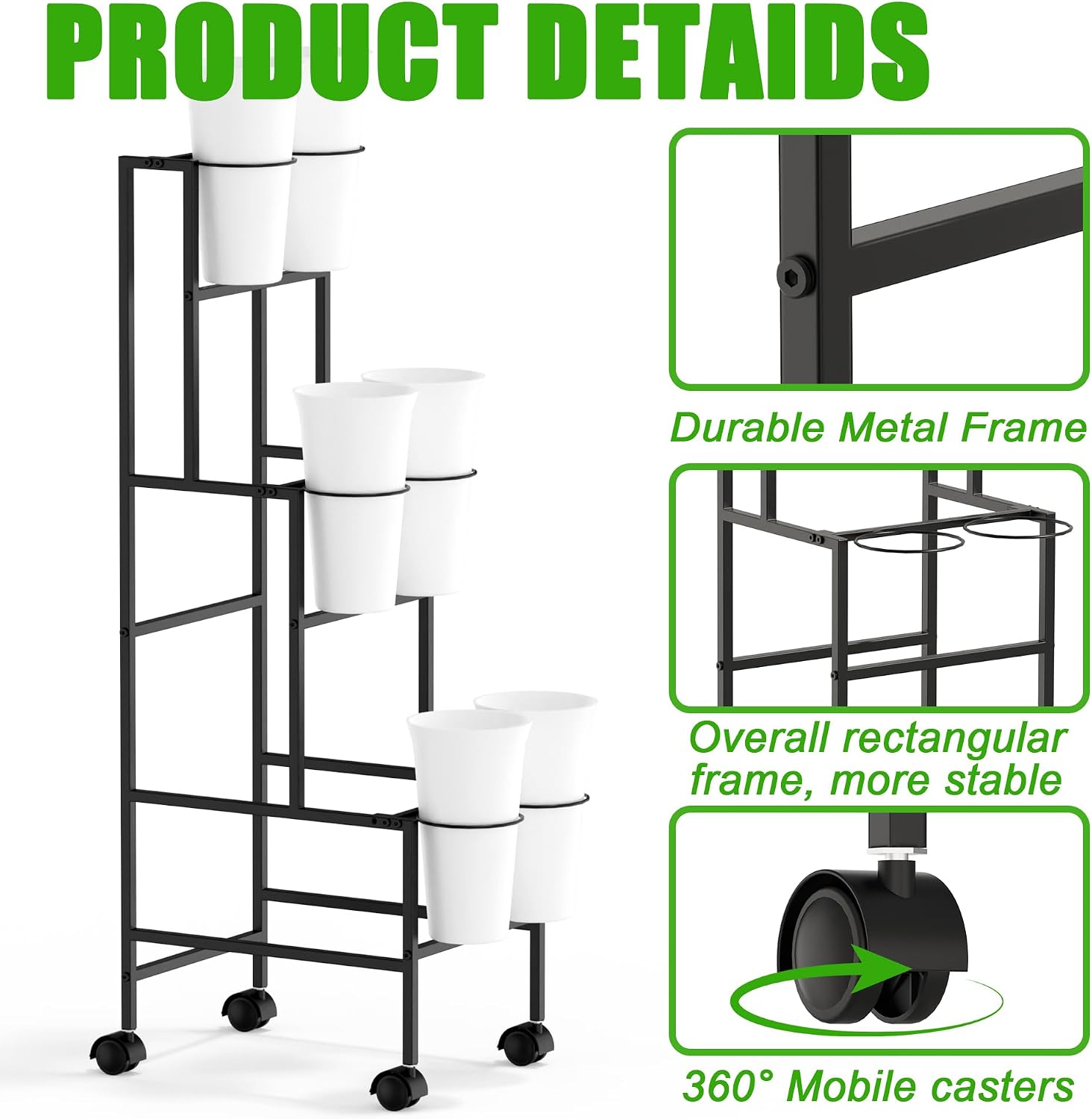 Black 3-Tier Wheeled Six Bucket Flower Cart
