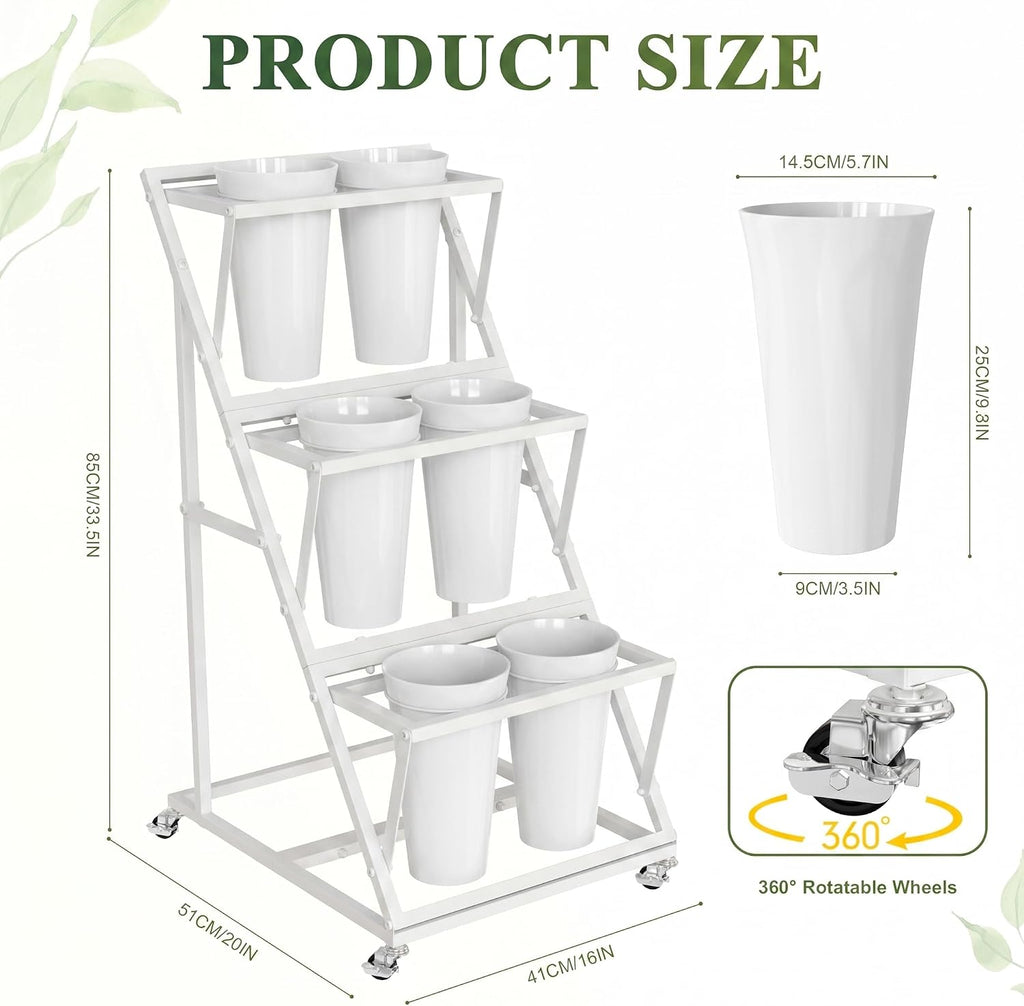 White Wheeled Three Tier Six Bucket Flower Cart