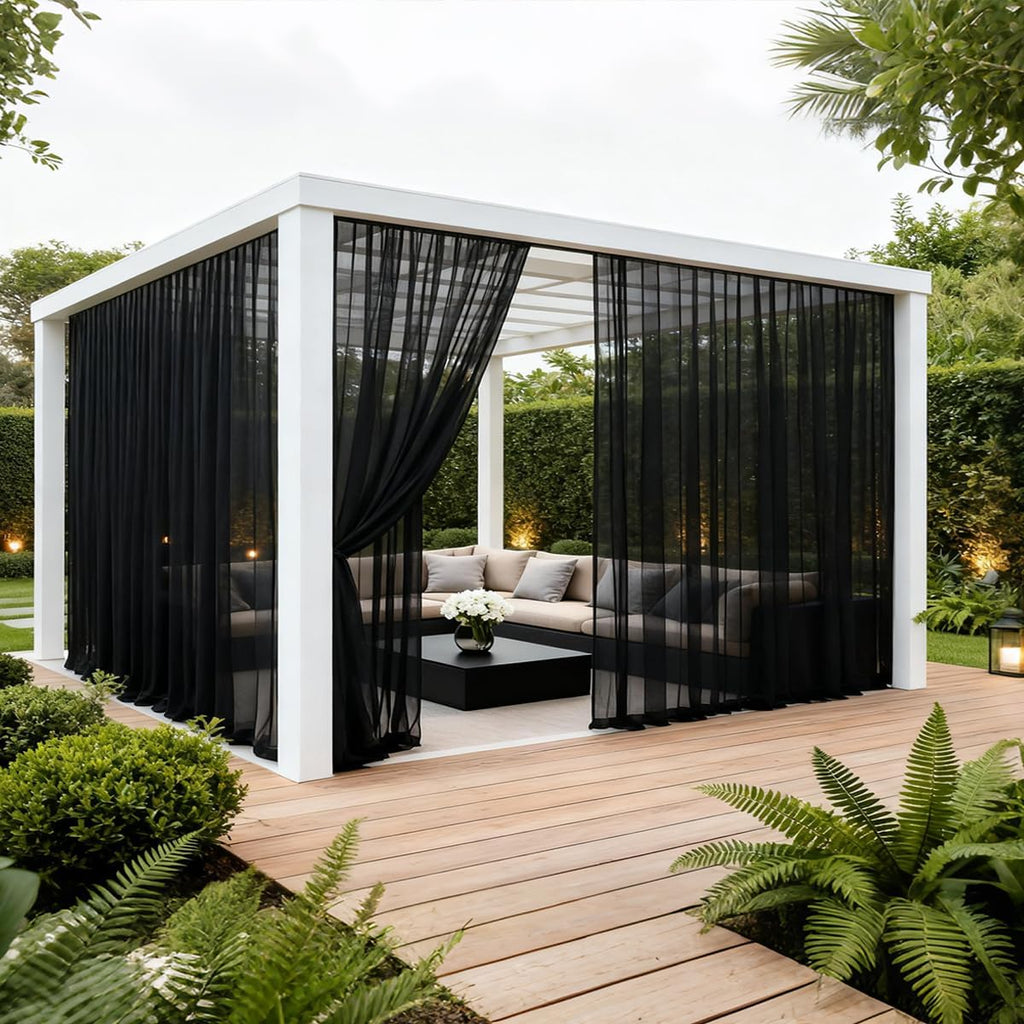 Two Panel Black Waterproof Wide Mesh Outdoor Curtains
