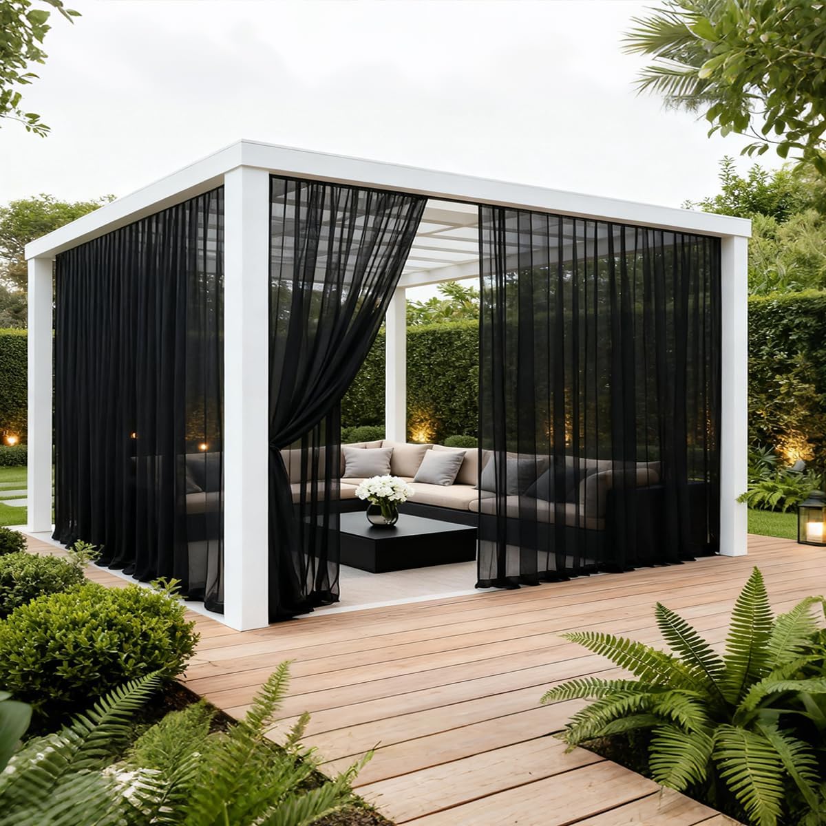 Two Panel Black Waterproof Wide Mesh Outdoor Curtains