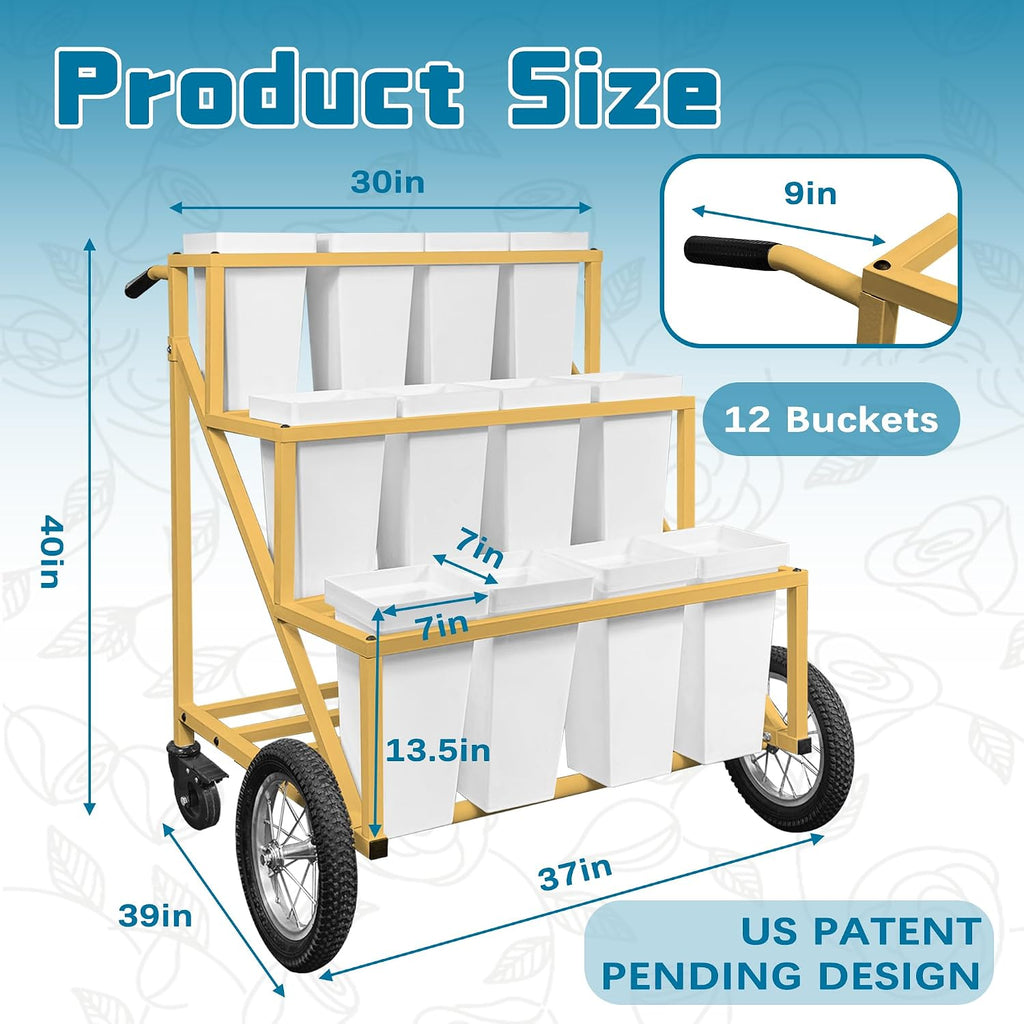 Gold Wheeled Twelve Bucket Florist Flower Cart