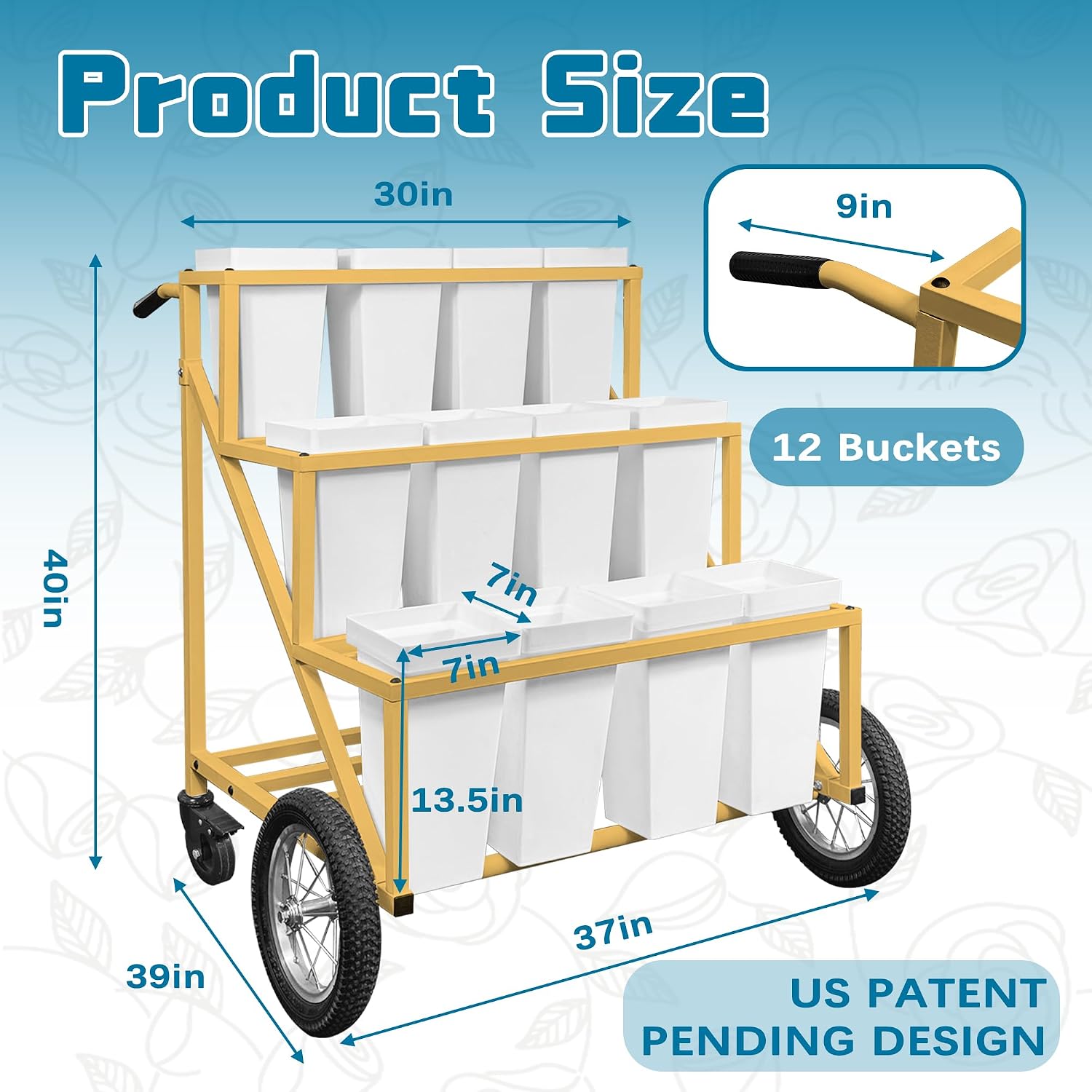 Gold Wheeled Twelve Bucket Florist Flower Cart