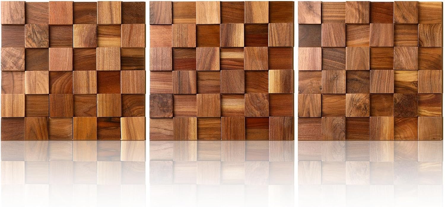 Three Pcs Mosaic Carved Rustic Wood Wall Art