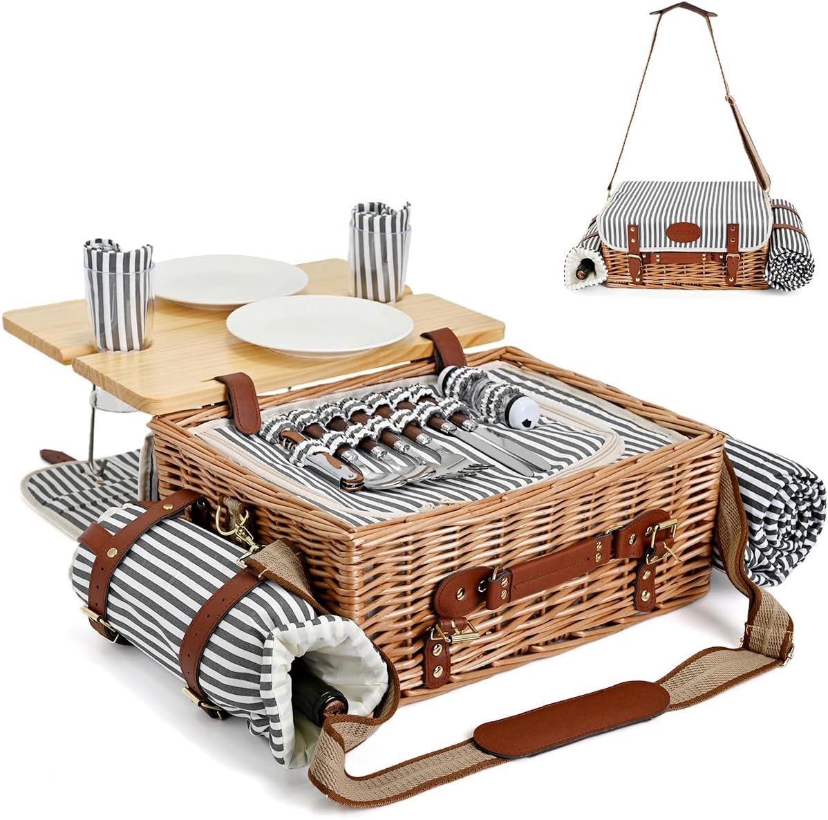 Two Person Striped Wicker Picnic Basket Set