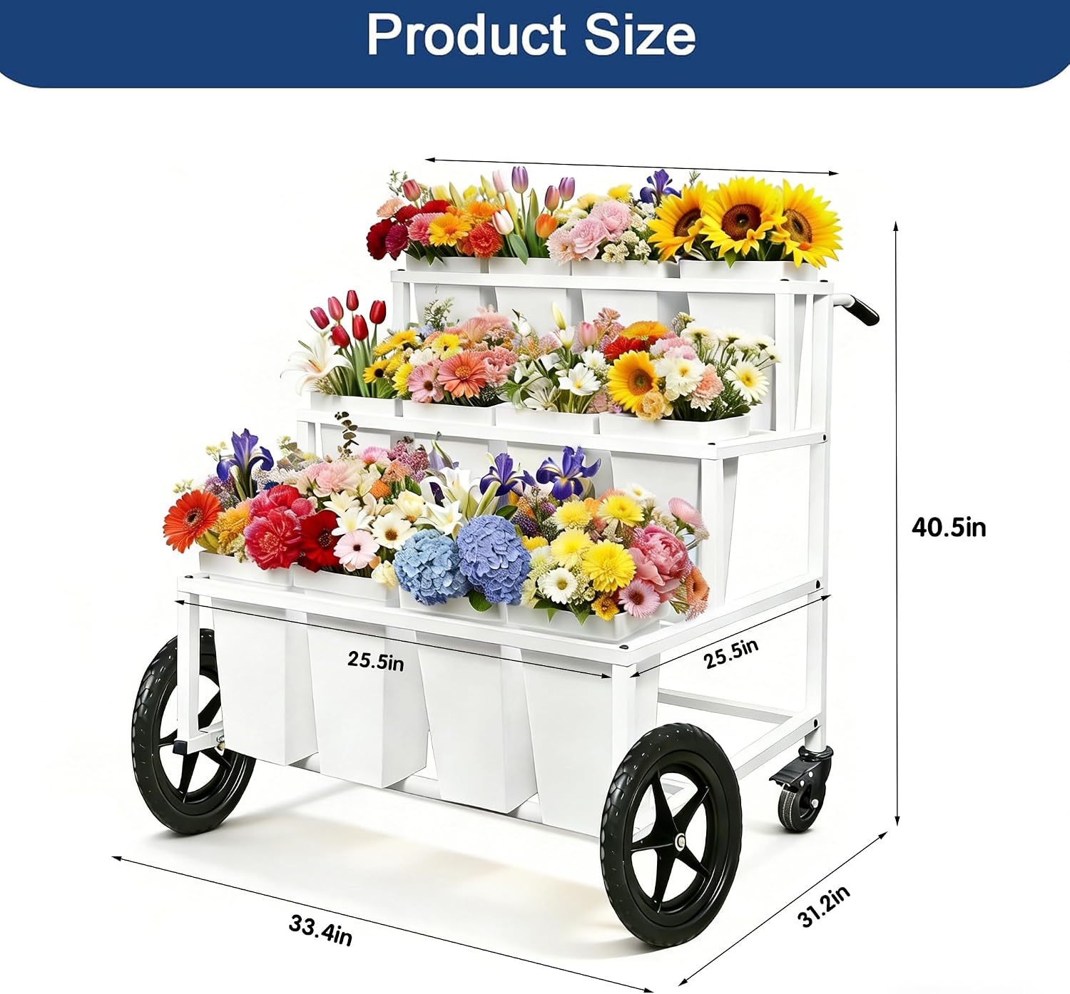 White Wheeled Twelve Bucket Metal Flower Cart