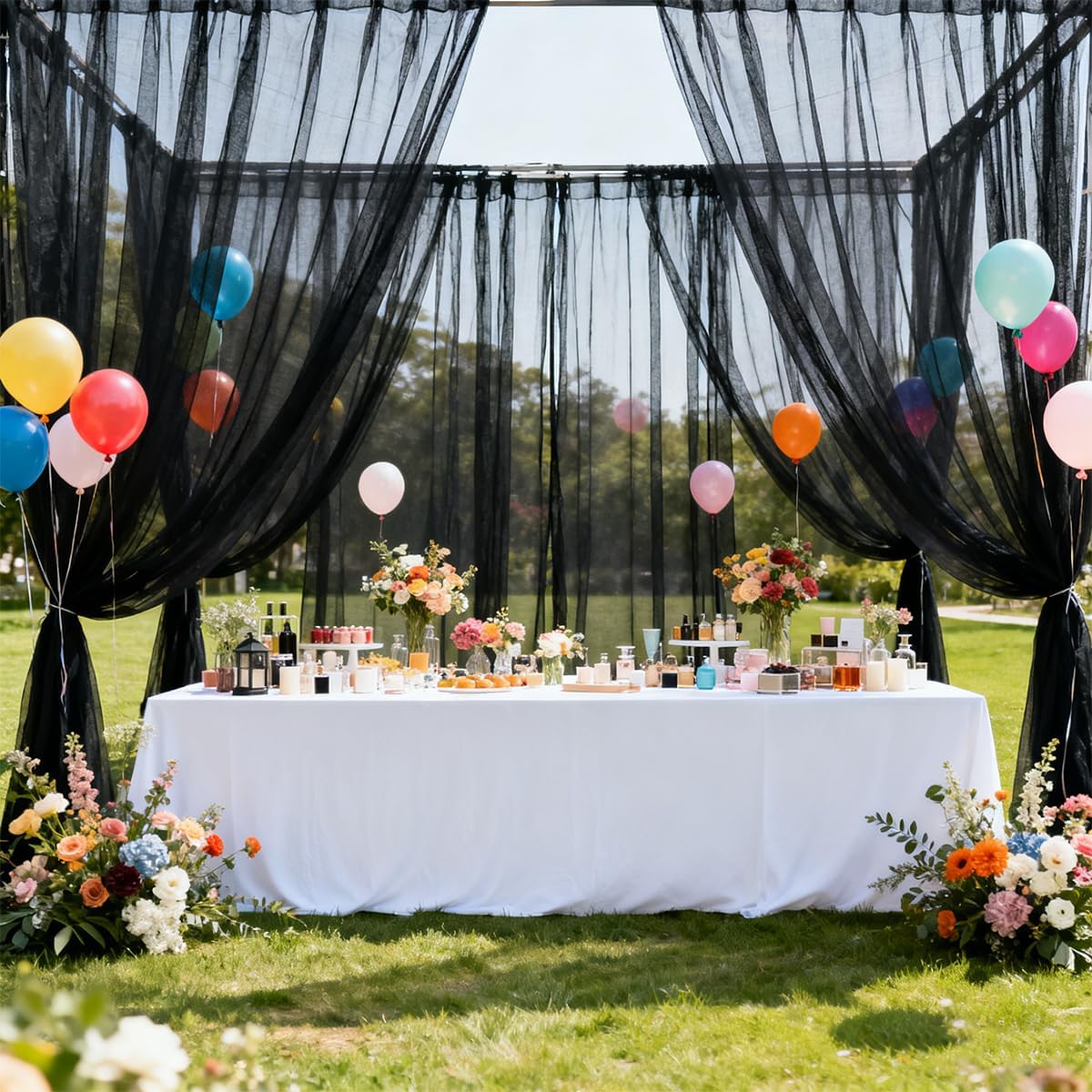 Two Panel Black Waterproof Wide Mesh Outdoor Curtains