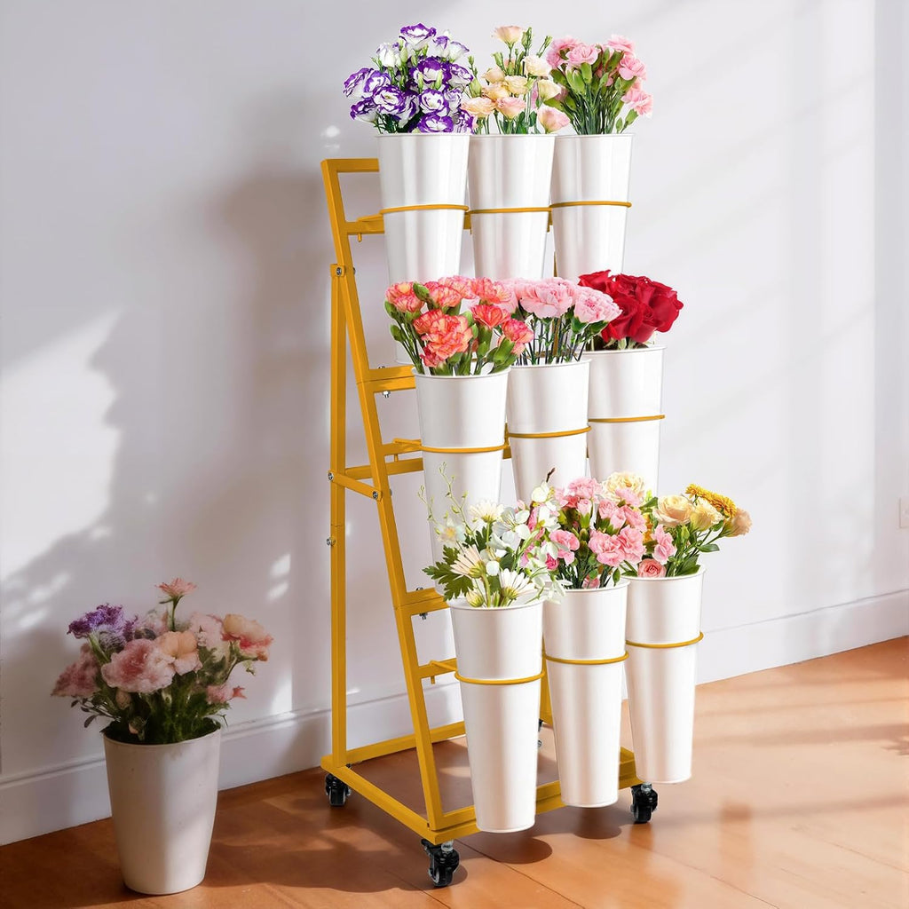 Gold Wheeled Nine Bucket Florist Flower Cart