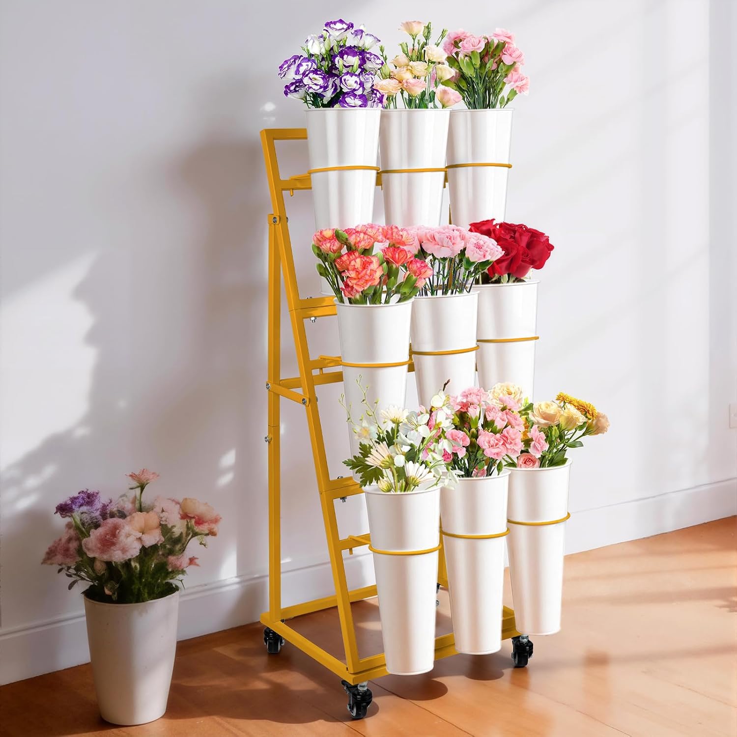 Gold Wheeled Nine Bucket Florist Flower Cart