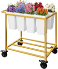 Gold Wheeled Flower Cart Stand With Eight Buckets