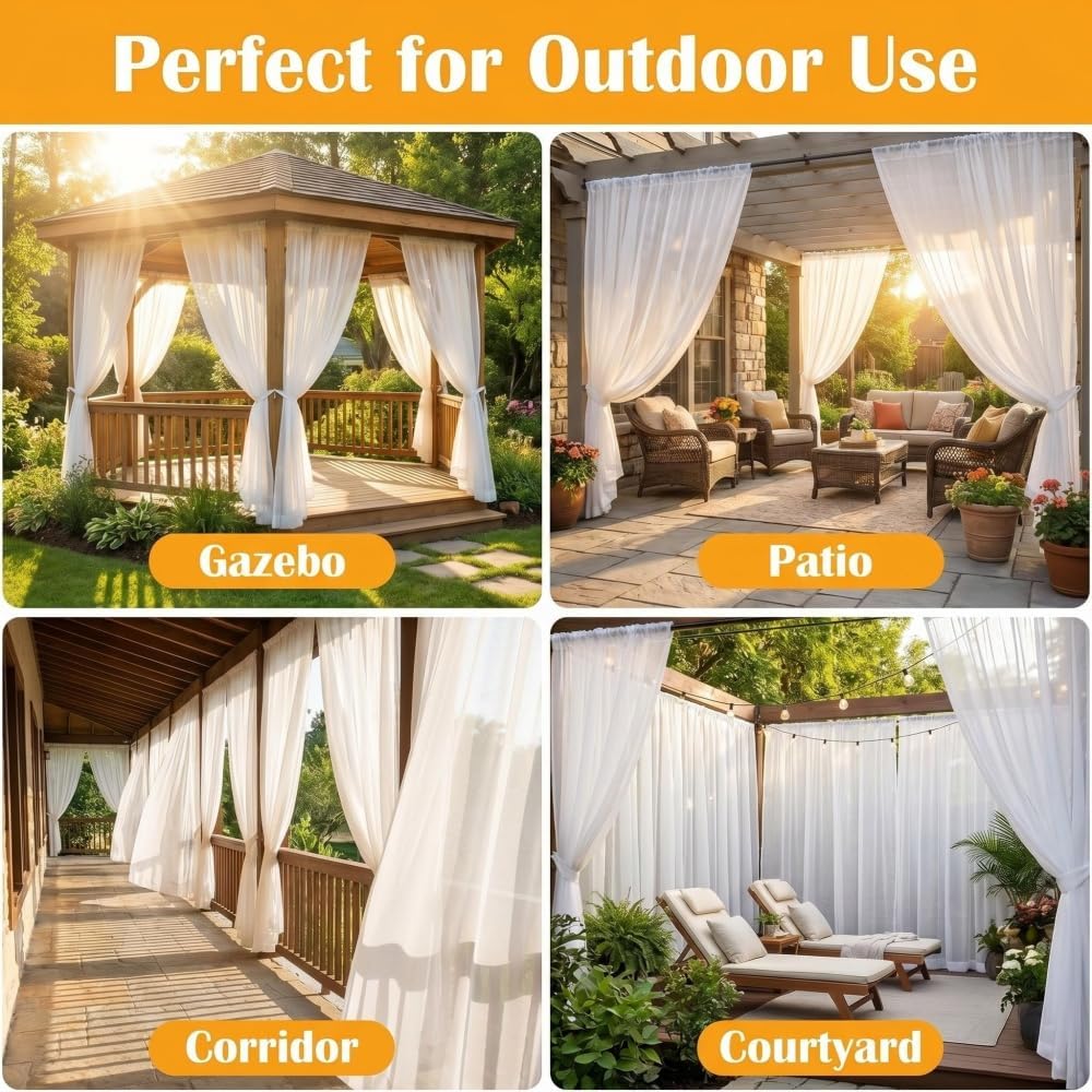 Two Pack White Sheer Tulle Outdoor Mesh Net Curtains