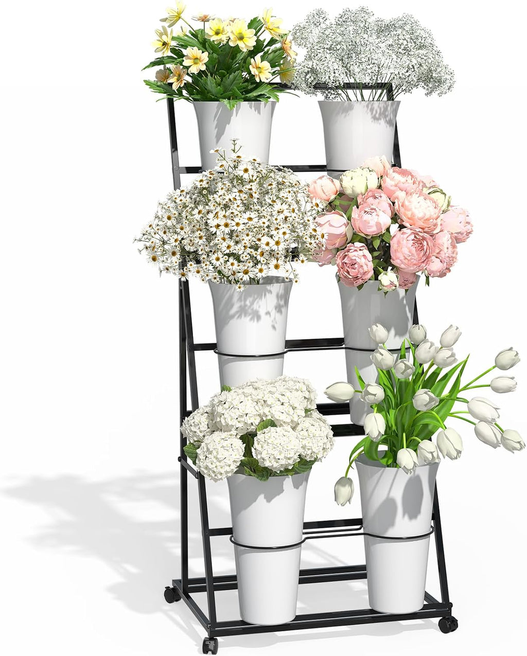 Black Three Tier Rolling Six Bucket Flower Cart