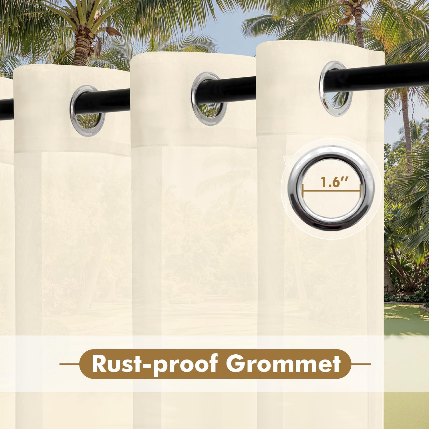Four Beige Grommet Waterproof Outdoor Sheer Curtains