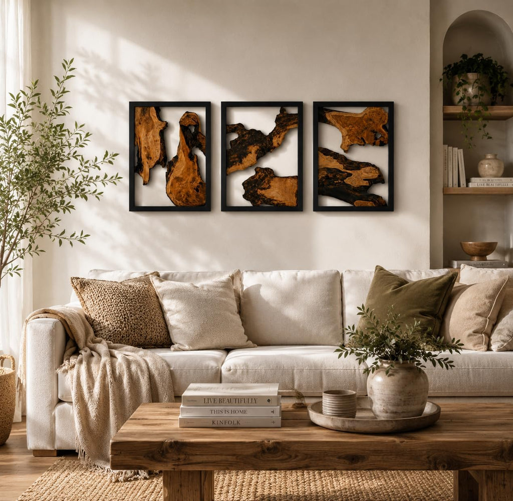Live Edge Cedar Wood Three Pieces Carved Wall Art