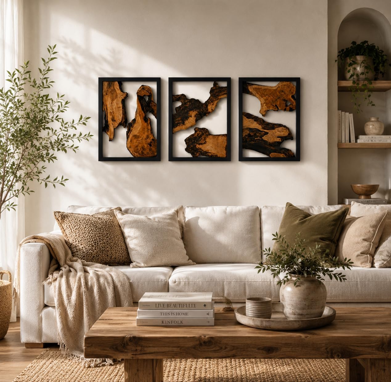 Live Edge Cedar Wood Three Pieces Carved Wall Art