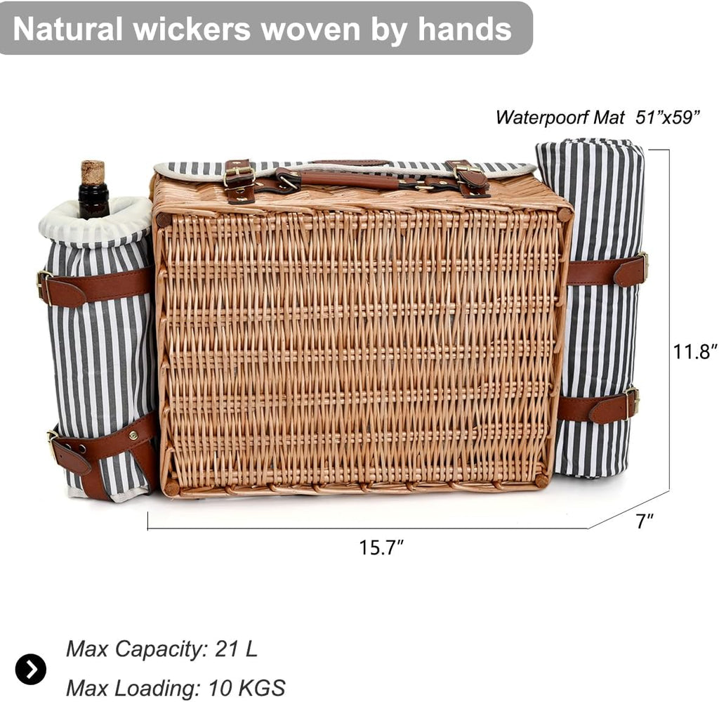 Two Person Striped Wicker Picnic Basket Set