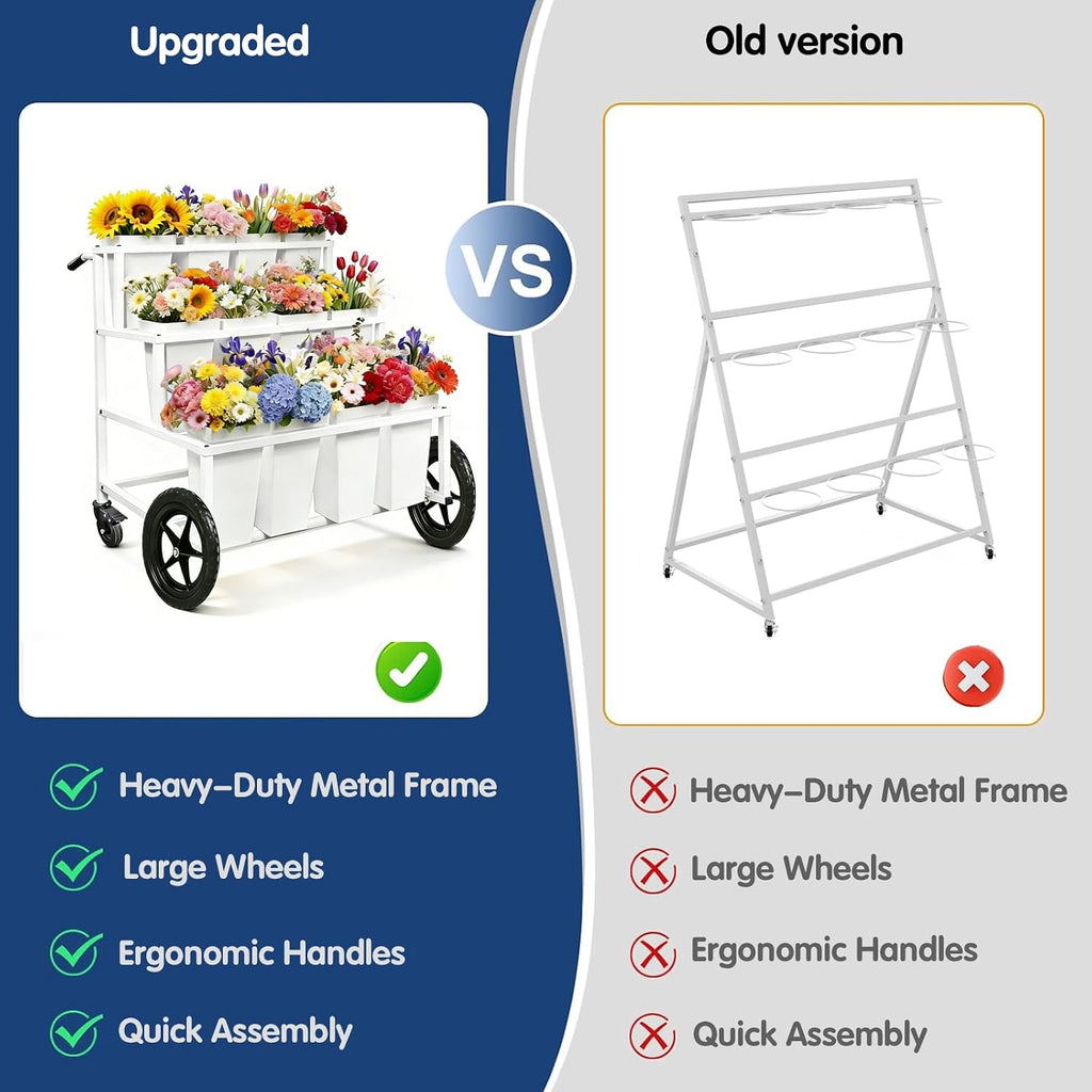 White Wheeled Twelve Bucket Metal Flower Cart