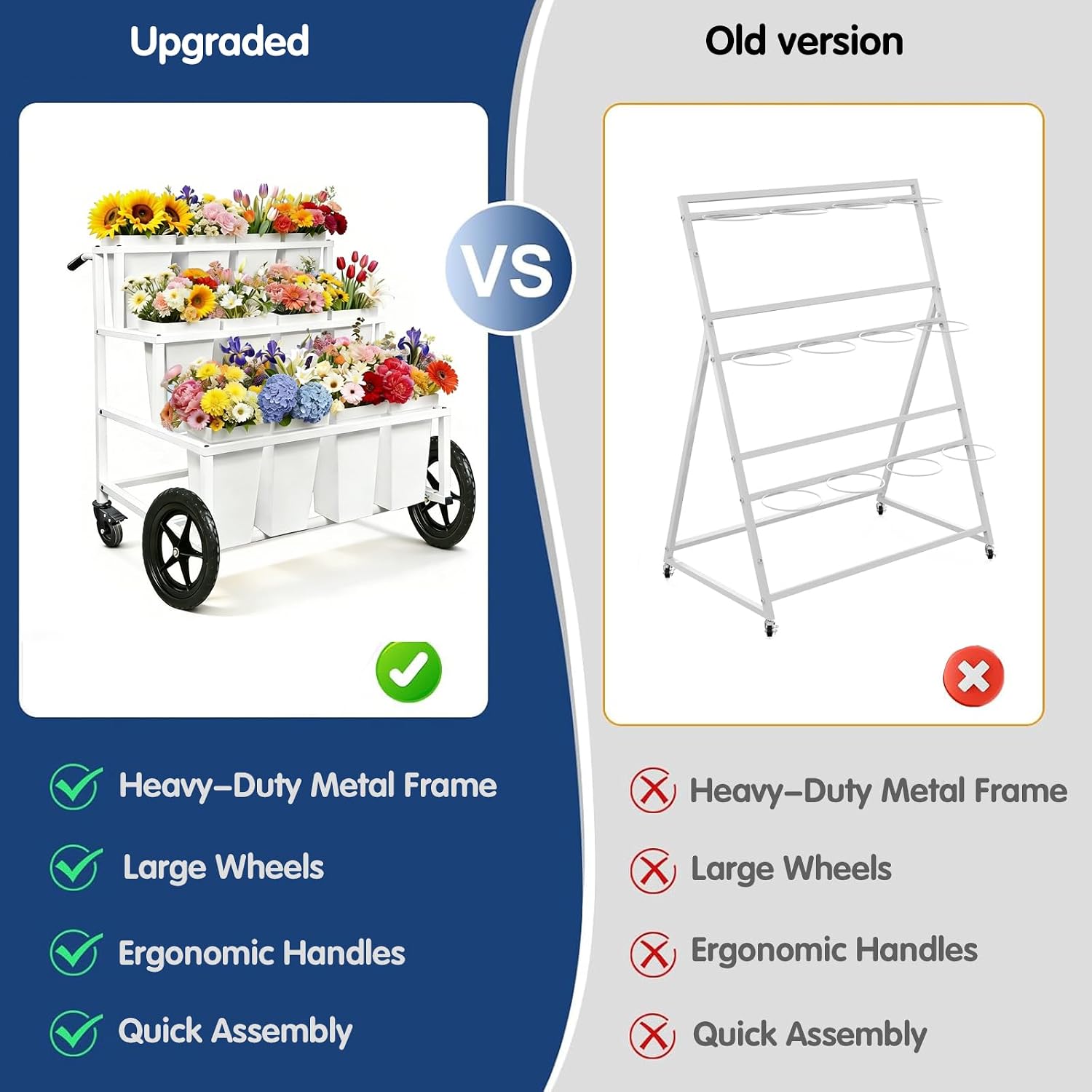 White Wheeled Twelve Bucket Metal Flower Cart