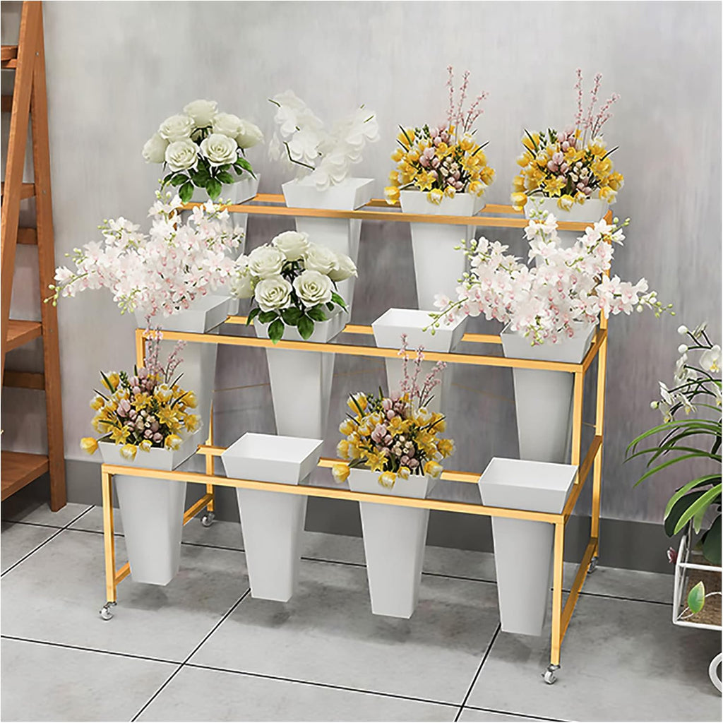 White 3-Tier Wheeled 12 Bucket Flower Cart