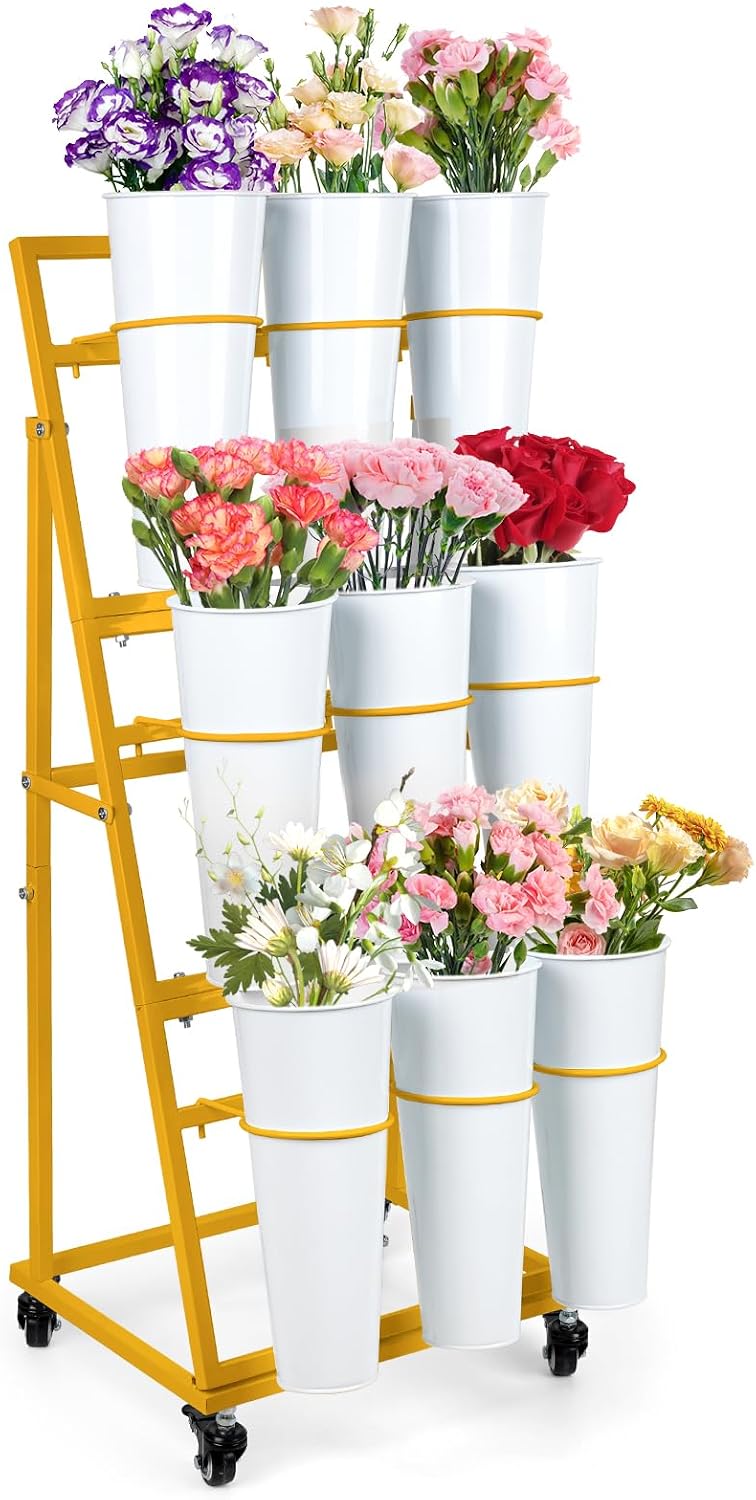 Gold Wheeled Nine Bucket Florist Flower Cart