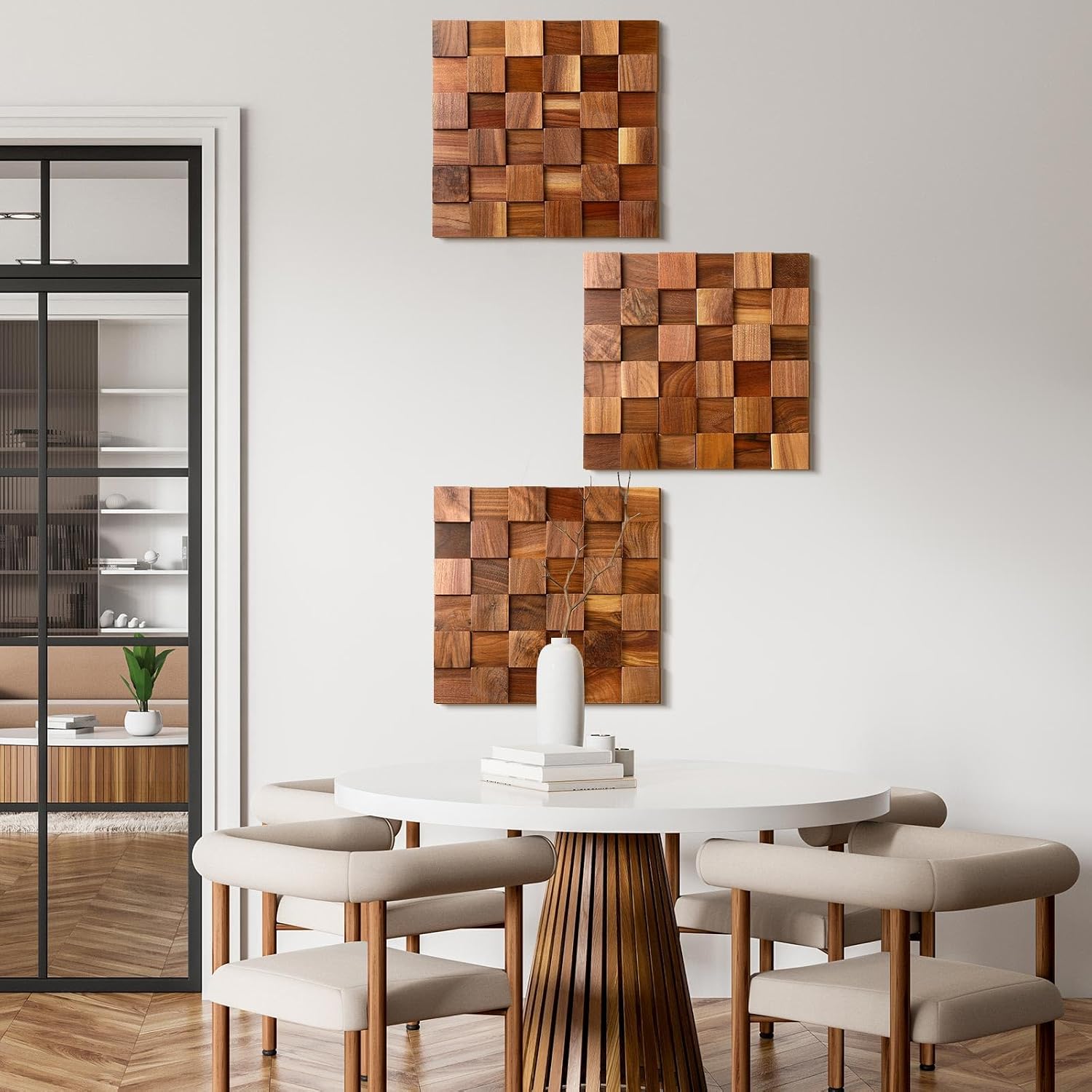 Three Pcs Mosaic Carved Rustic Wood Wall Art