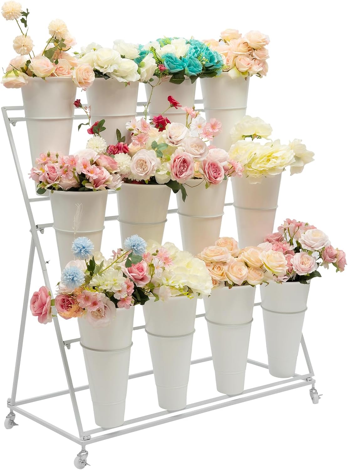 Three Tier Wheeled Twelve Bucket Flower Cart