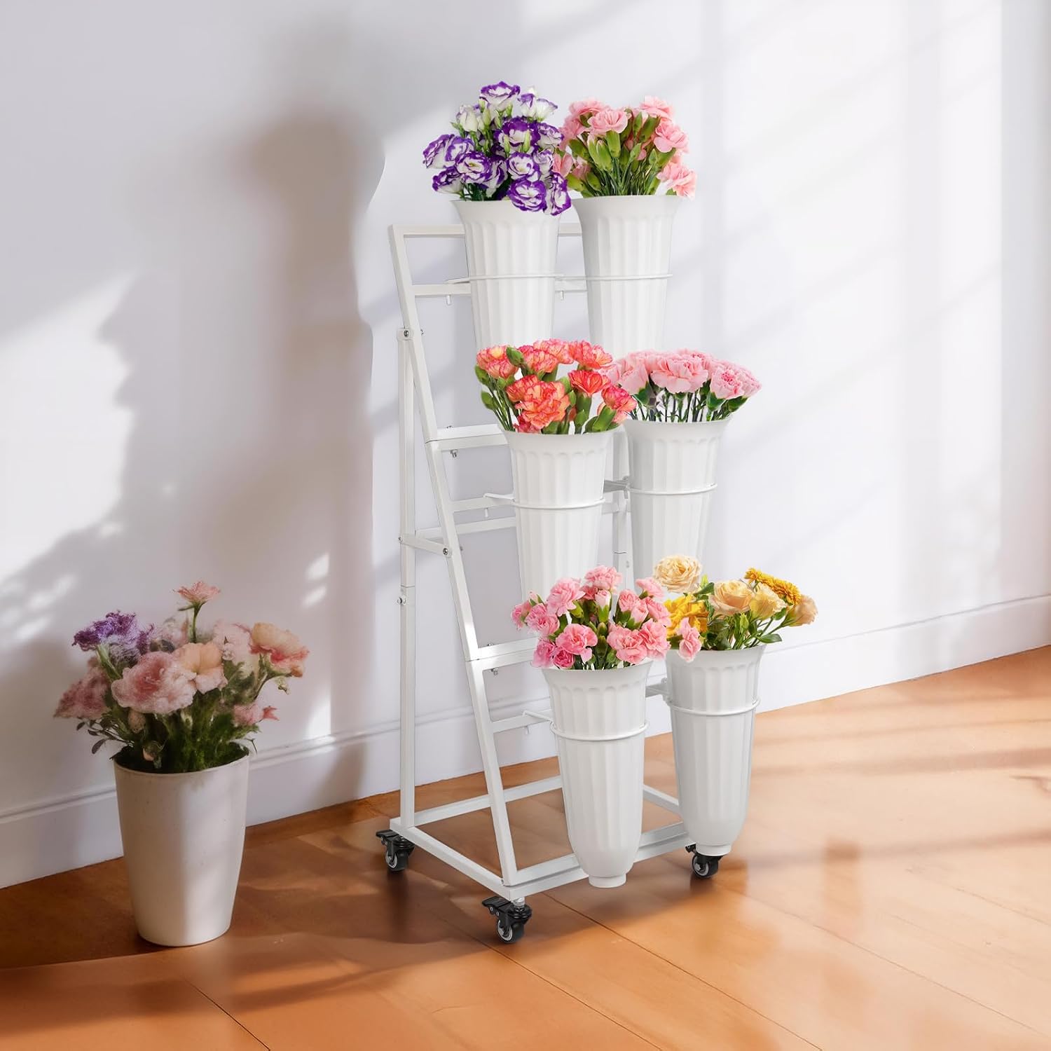 White Wheeled Six Bucket Florist Flower Cart