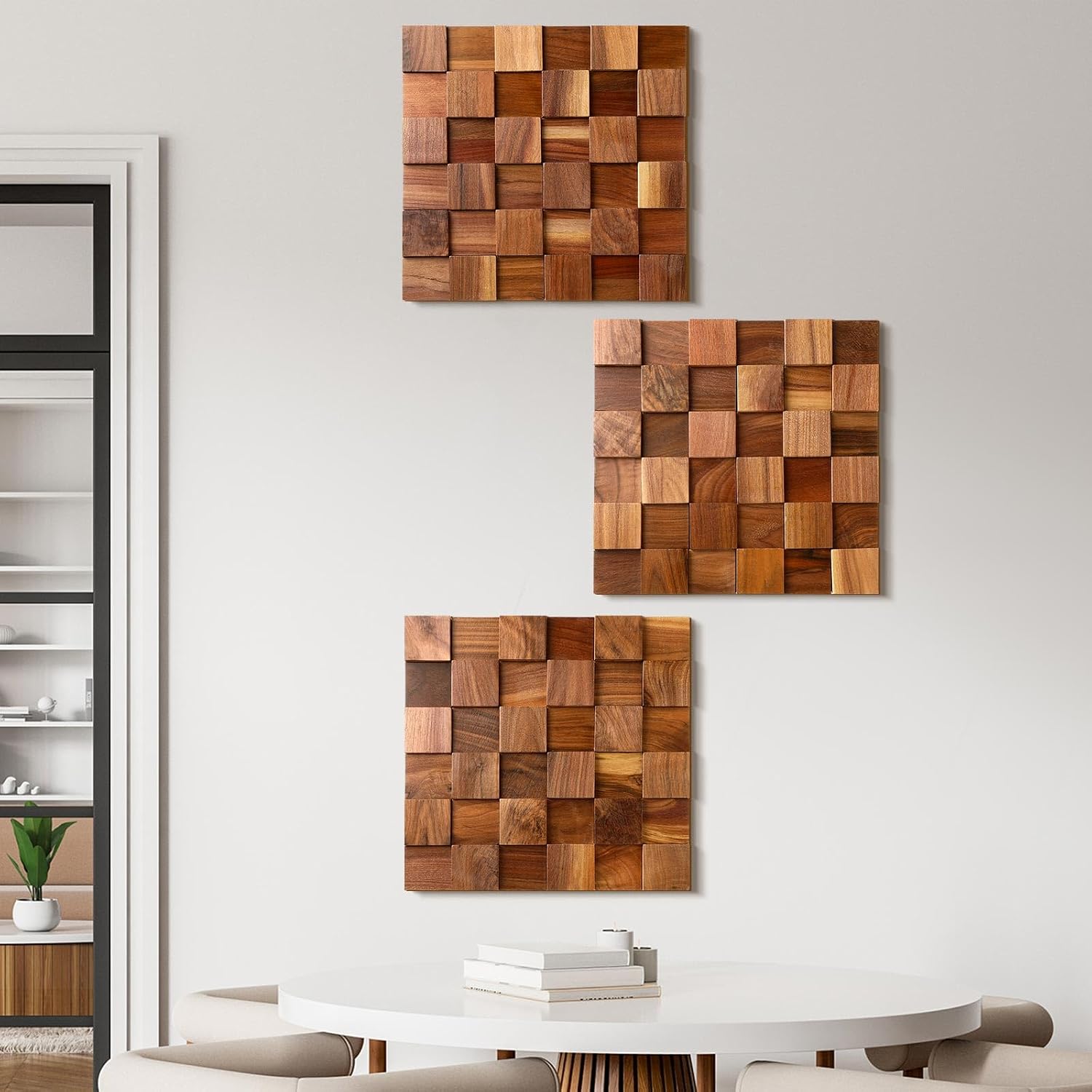 Three Pcs Mosaic Carved Rustic Wood Wall Art