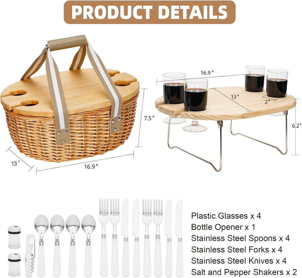 4 Person Beige Wicker Picnic Basket Set