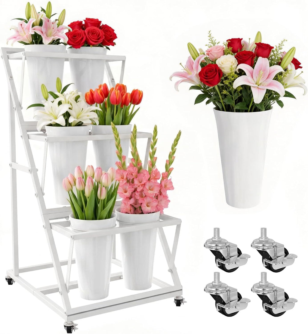 White Wheeled Three Tier Six Bucket Flower Cart