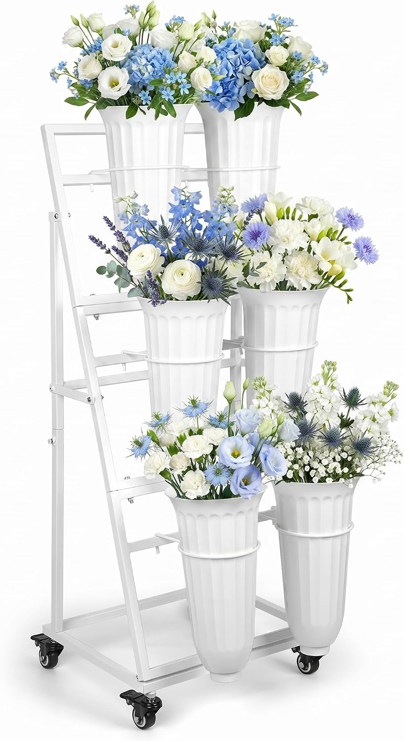 White Wheeled Six Bucket Florist Flower Cart