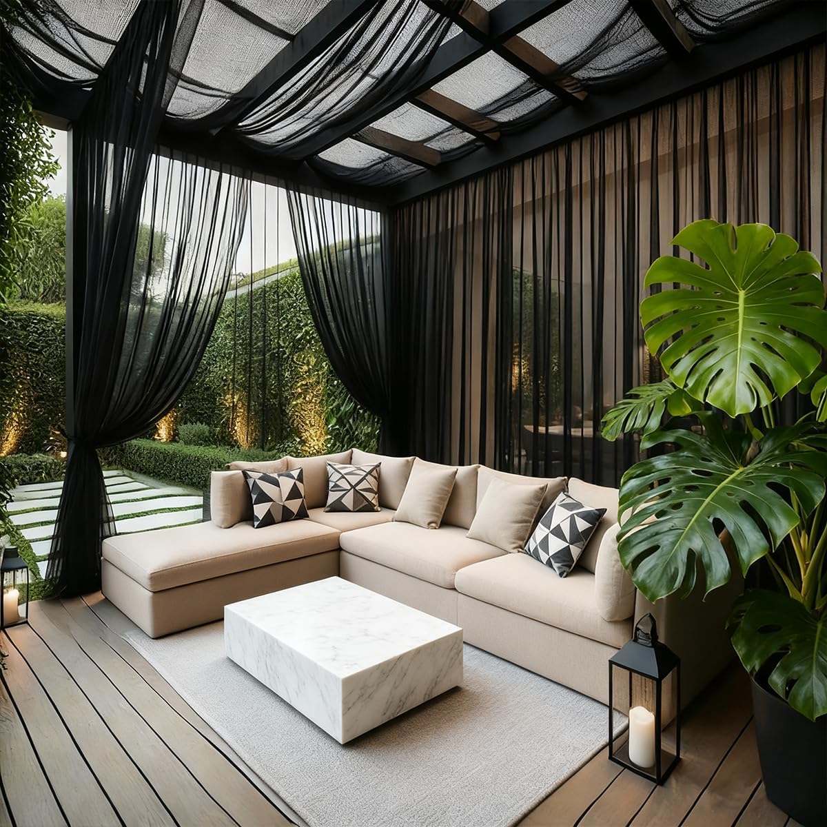 Two Panel Black Waterproof Wide Mesh Outdoor Curtains