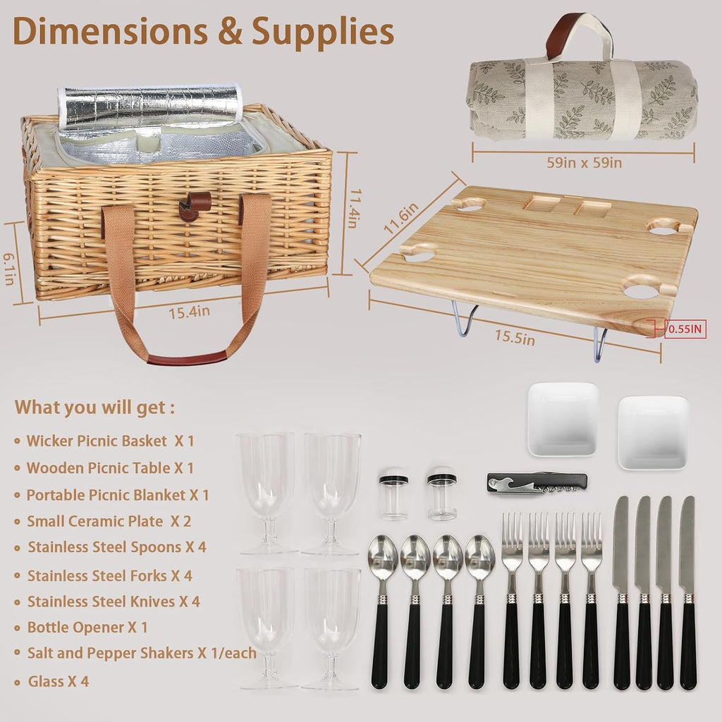 4 Person Wicker Picnic Basket Accessory Set