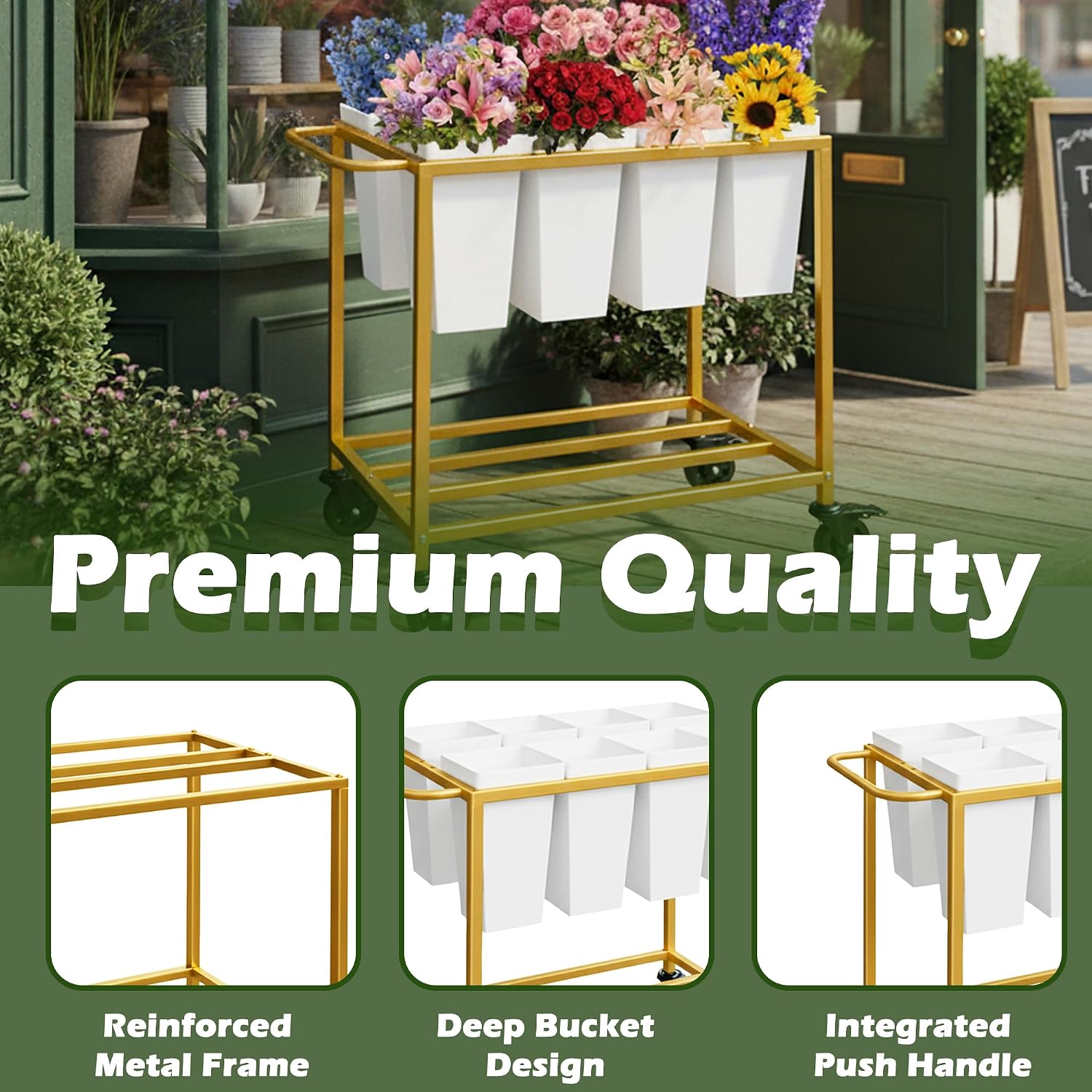 Gold Wheeled Flower Cart Stand With Eight Buckets