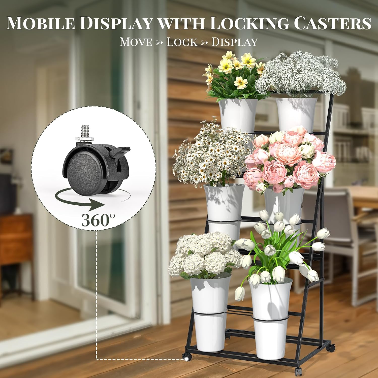 Black Three Tier Rolling Six Bucket Flower Cart