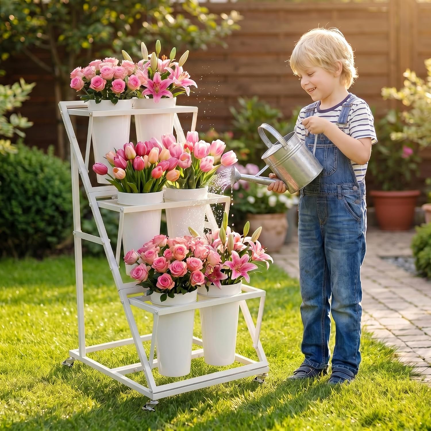 White Wheeled Three Tier Six Bucket Flower Cart