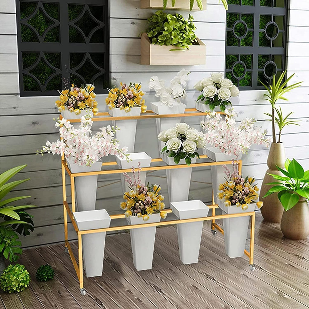 White 3-Tier Wheeled 12 Bucket Flower Cart