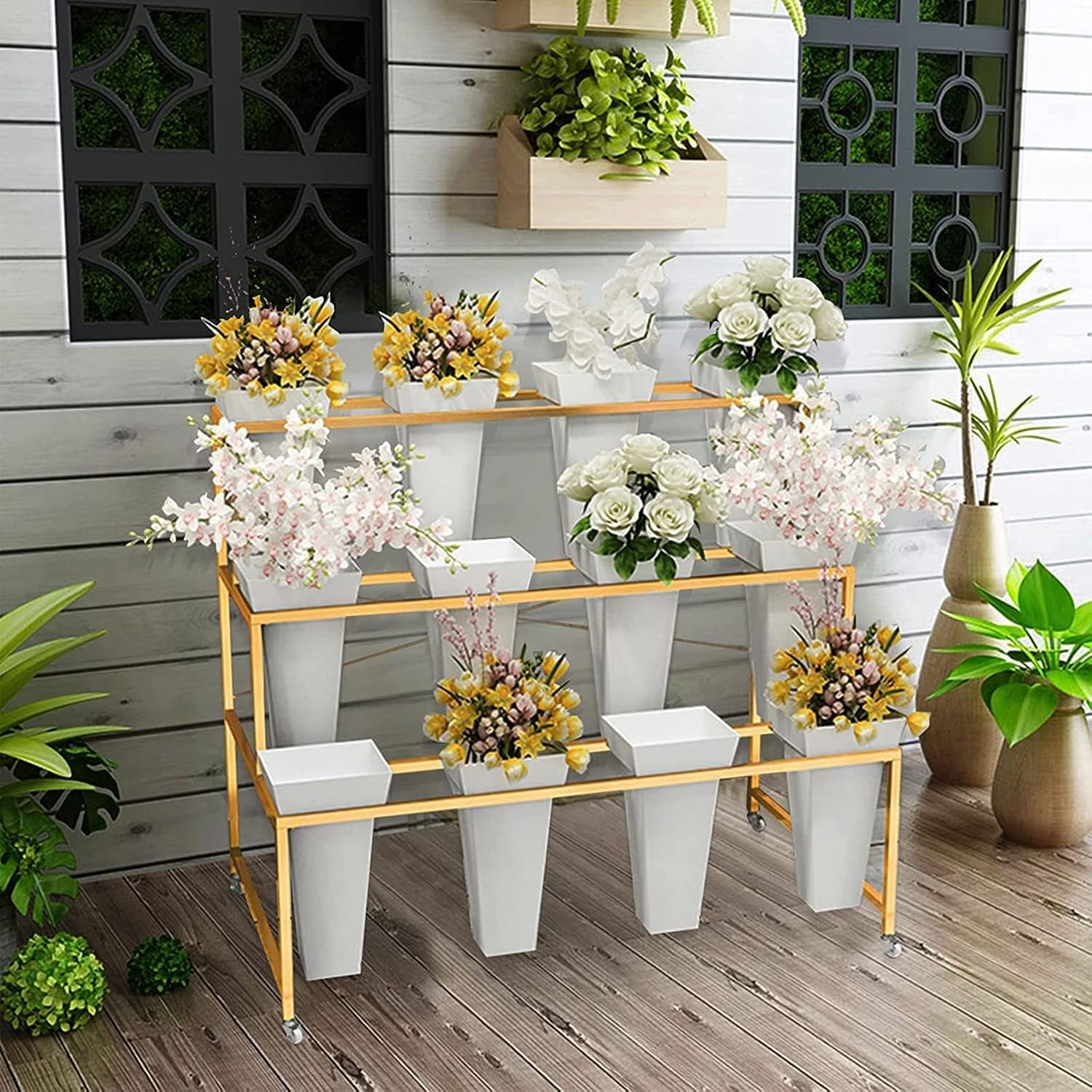 White 3-Tier Wheeled 12 Bucket Flower Cart