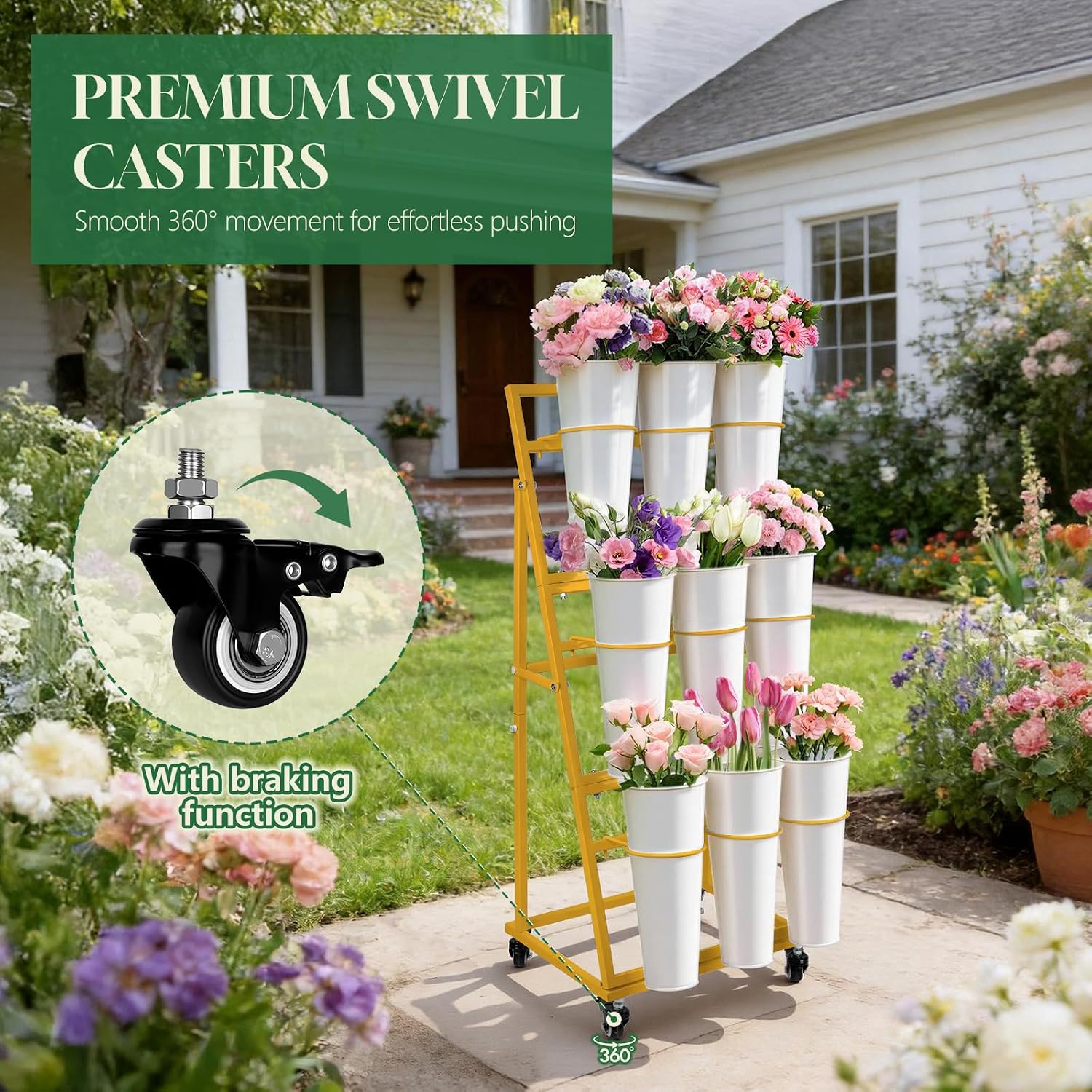 Gold Wheeled Nine Bucket Florist Flower Cart