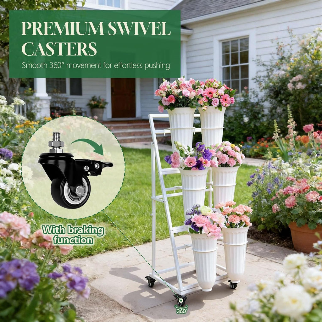 White Wheeled Six Bucket Florist Flower Cart