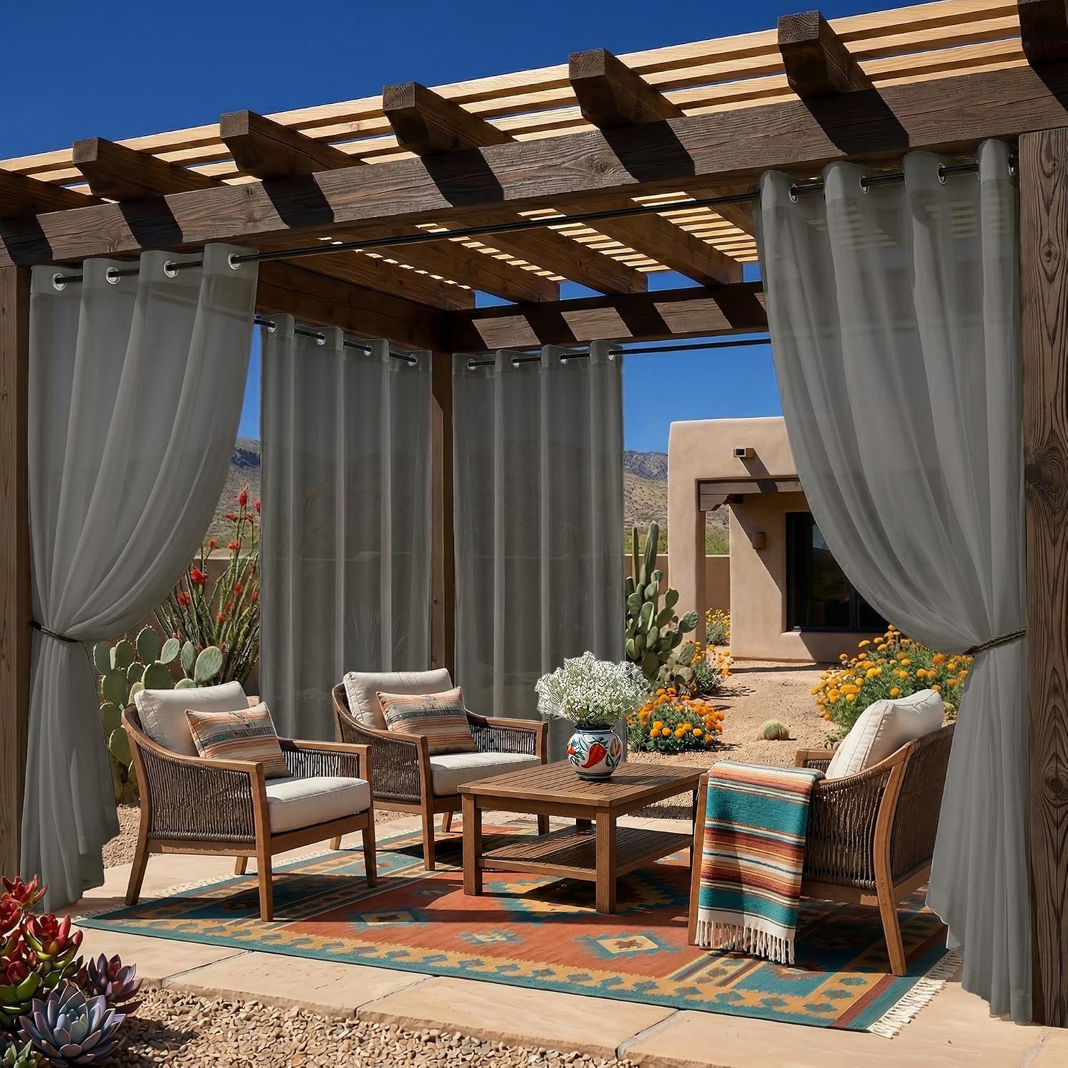 Waterproof Sheer Outdoor Grommet Curtains Four Panels
