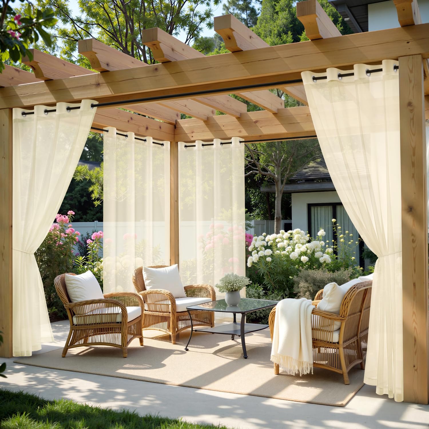 Four Beige Grommet Waterproof Outdoor Sheer Curtains