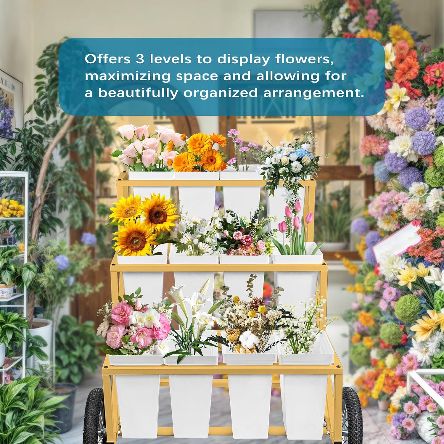 Gold Wheeled Twelve Bucket Florist Flower Cart